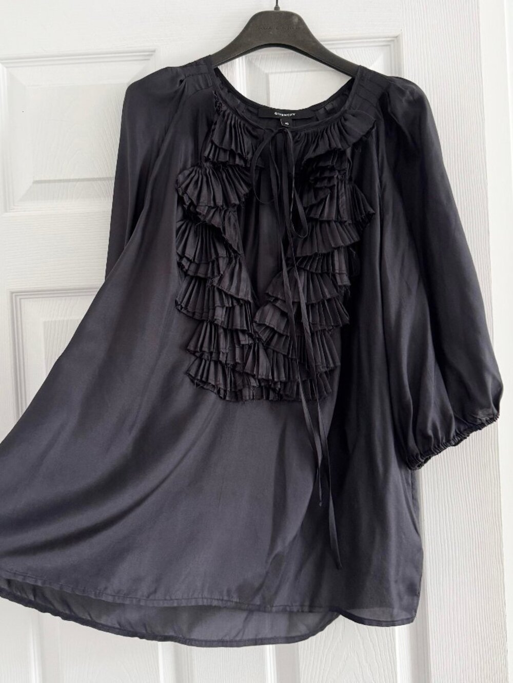 Givenchy prefall 2010 black silk tuxedo ruffle blouse, size 40FR (Us size 6 ish)